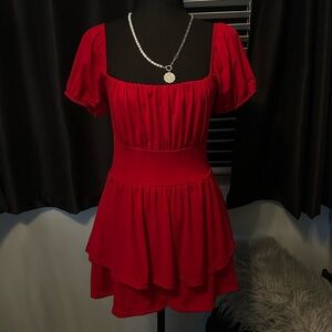 Red ruffled mini dress with short sleeves and front zipper #partydress